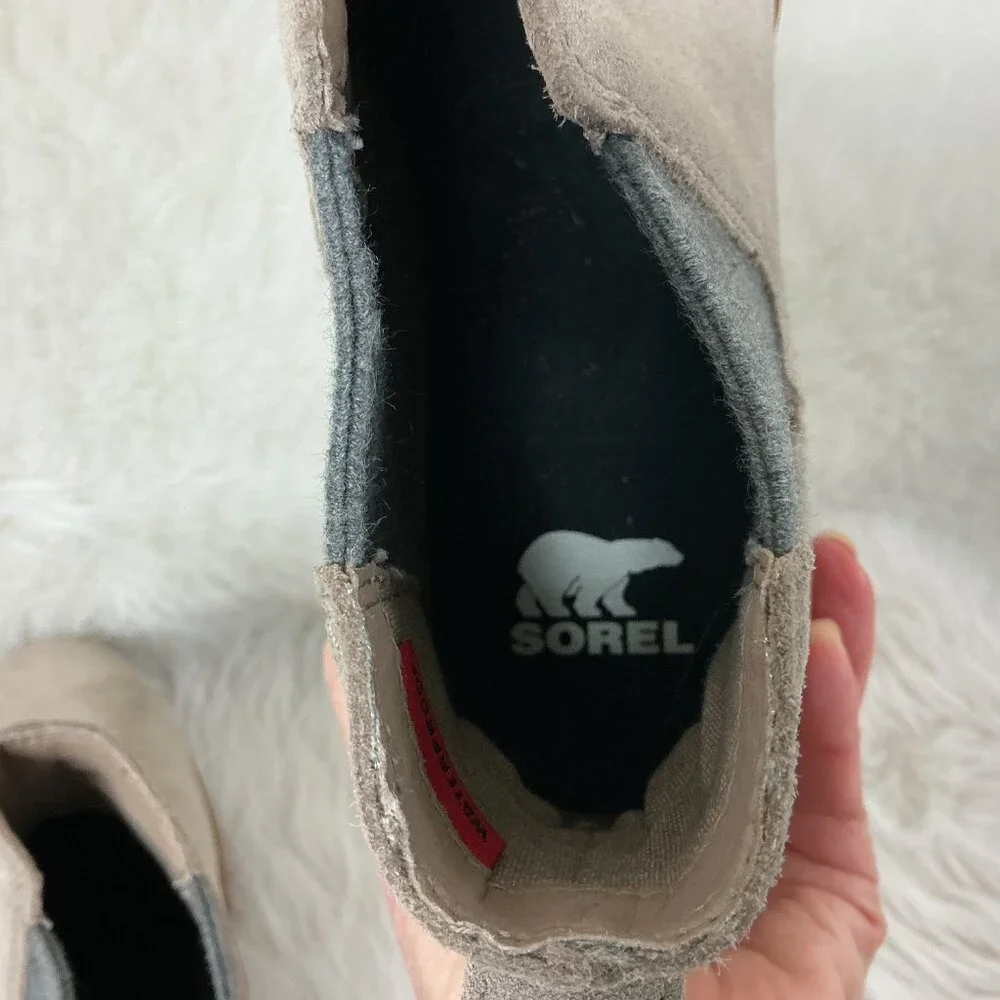 Sorel Women's Emelie II Chelsea Bootie Omega Taupe Gum Gray Beige Suede 9.5